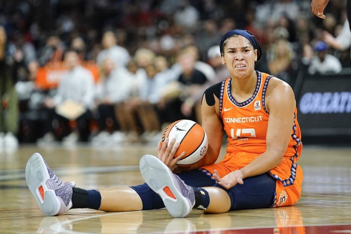 Sep 13, 2022; Las Vegas, Nevada, USA; Connecticut Sun forward Brionna Jones (42) reacts to a call during the second quarter against the Las Vegas Aces in game two of the WNBA Finals at Michelob Ultra Arena.