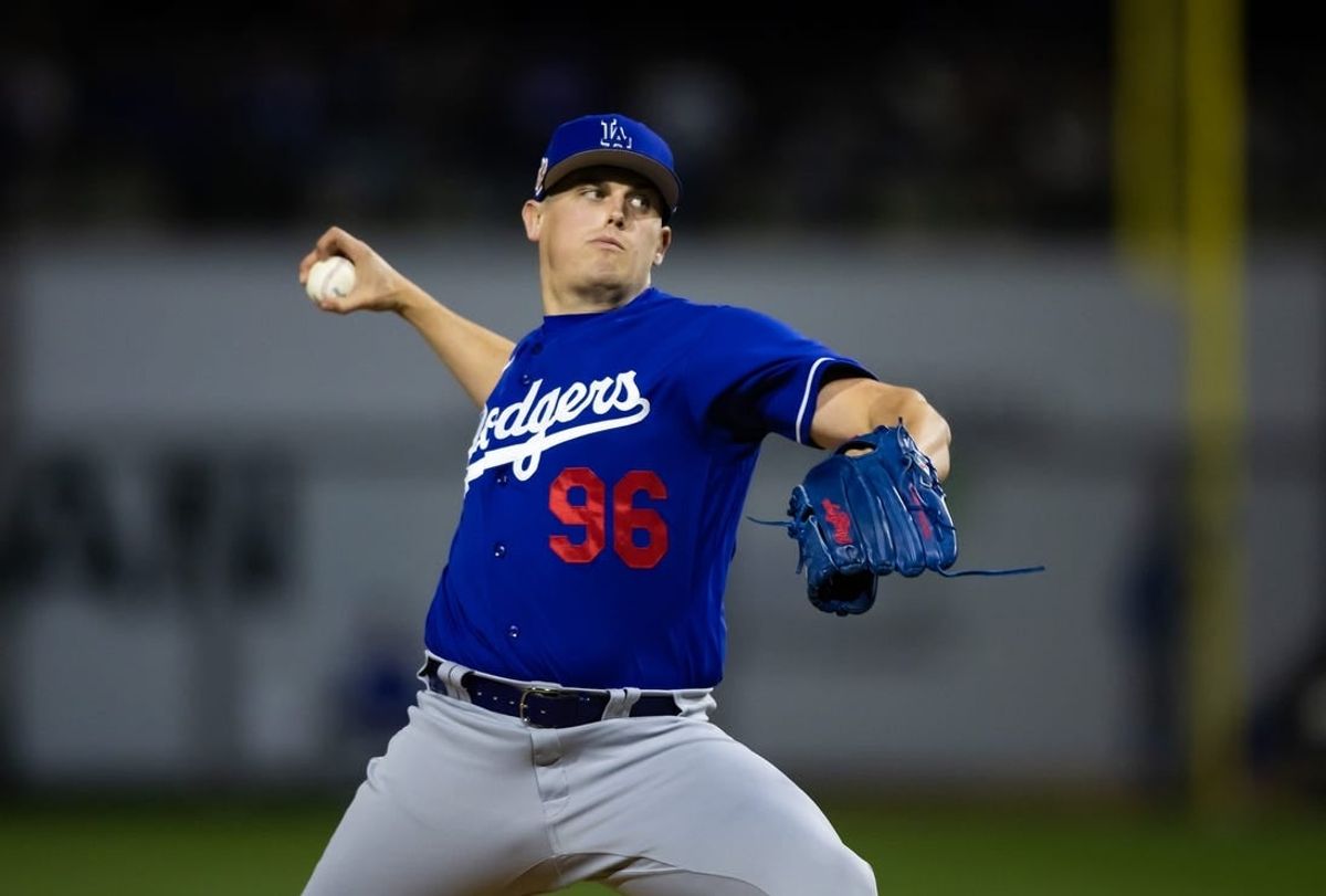 Mar 4, 2023; Surprise, Arizona, USA; Los Angeles Dodgers pitcher Landon Knack against the Kansas City Royals during a spring training game at Surprise Stadium.