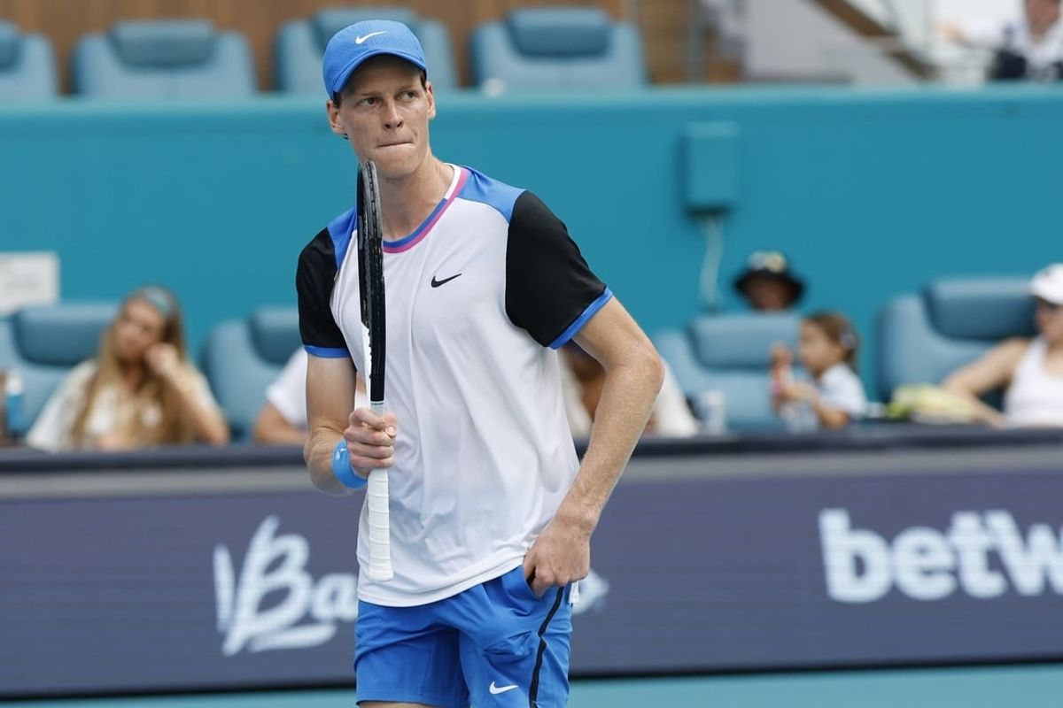 Mar 27, 2024; Miami Gardens, FL, USA; Jannik Sinner (ITA) celebrates after match point against Tomas Machac (CZE) (not pictured) on day ten of the Miami Open at Hard Rock Stadium.