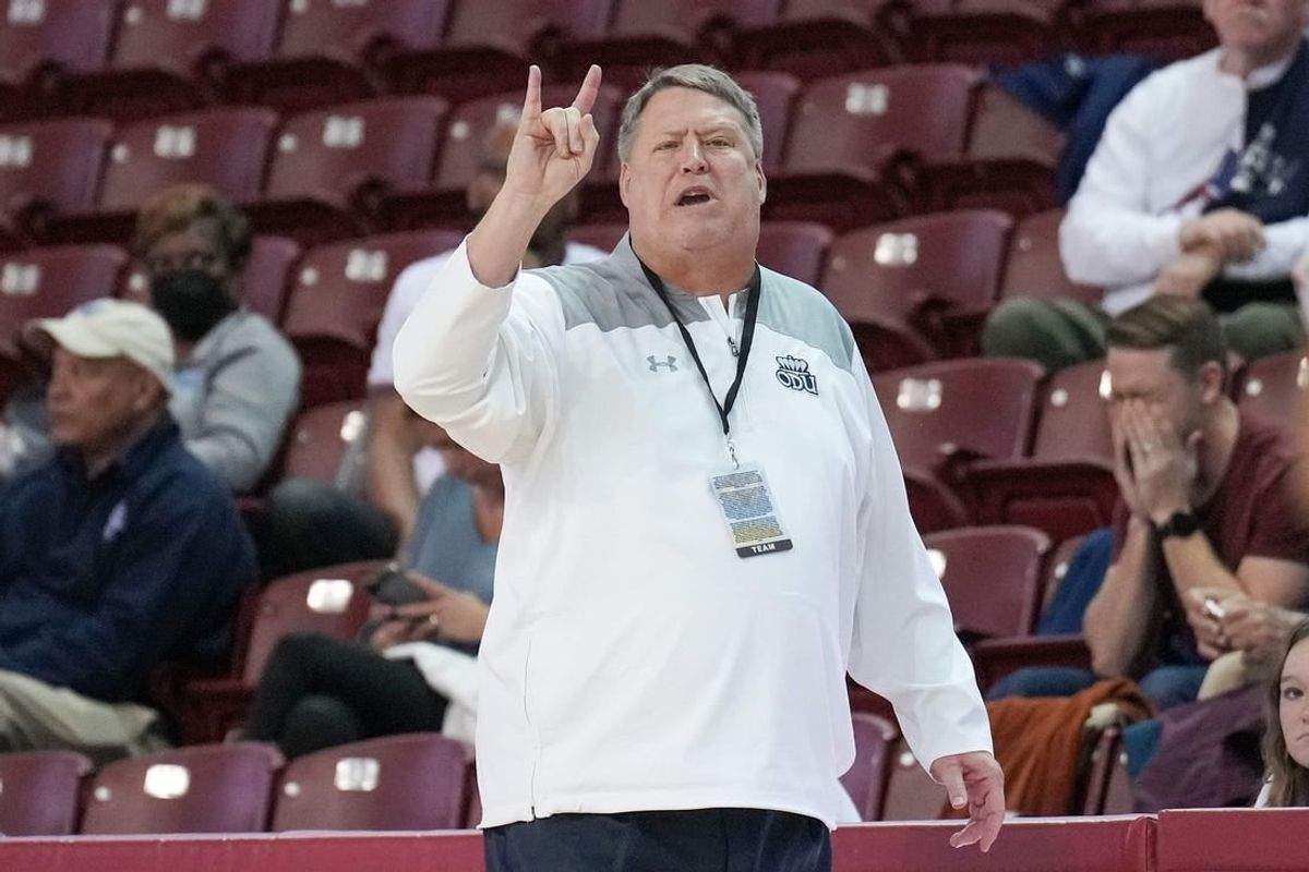 Nov 20, 2022; Charleston, South Carolina, USA; Old Dominion Monarchs head coach Jeff Jones signals his team in the first half against the Davidson Wildcats at TD Arena.