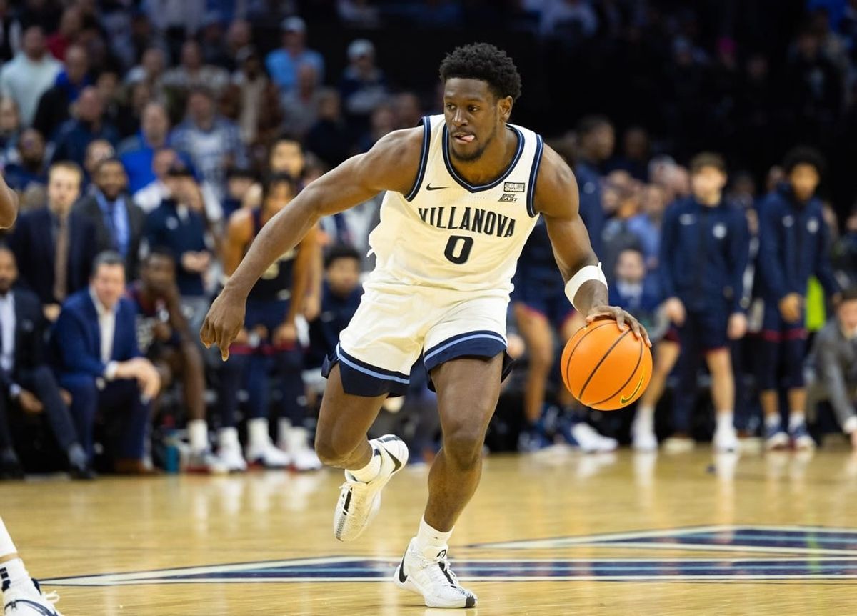 Jan 20, 2024; Philadelphia, Pennsylvania, USA; Villanova Wildcats guard TJ Bamba (0) dribbles the ball against the Connecticut Huskies during the second half at Wells Fargo Center.