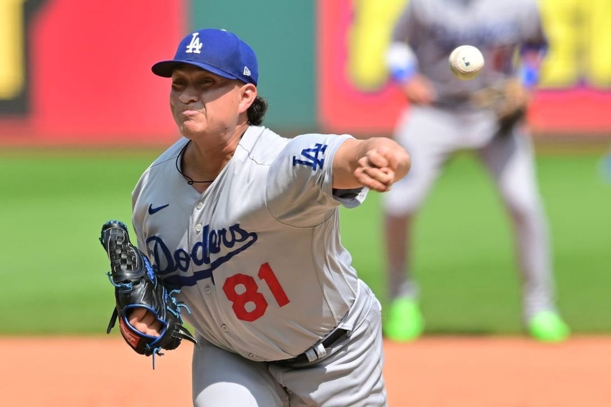 Aug 24, 2023; Cleveland, OH, USA; Los Angeles Dodgers relief pitcher Victor Gonzalez (81) throws a pitch during the third inning against the Cleveland Guardians at Progressive Field.