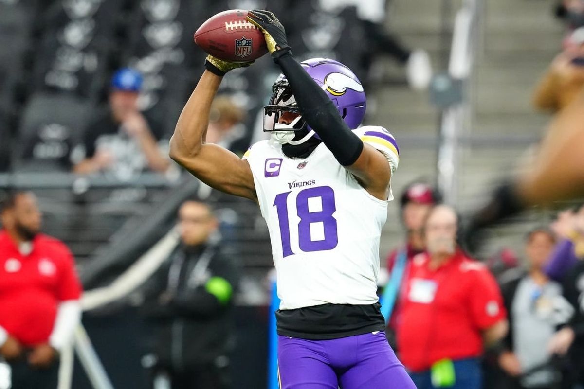 Dec 10, 2023; Paradise, Nevada, USA; Minnesota Vikings wide receiver Justin Jefferson (18) warms up before a game against the Las Vegas Raiders at Allegiant Stadium.