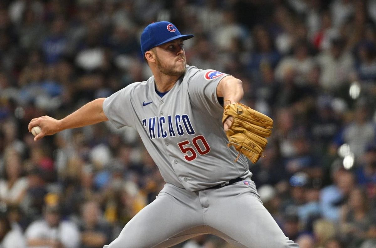 Sep 30, 2023; Milwaukee, Wisconsin, USA; Chicago Cubs starting pitcher Jameson Taillon (50) delivers a pitch against the Milwaukee Brewers in the sixth inning at American Family Field.