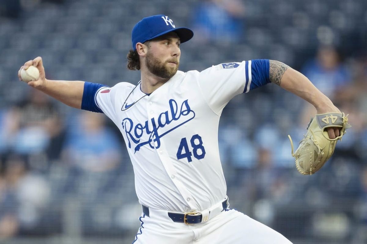 Apr 24, 2024; Kansas City, Missouri, USA; Kansas City Royals pitcher Alec Marsh (48) pitches during the first inning against the Toronto Blue Jays at Kauffman Stadium.