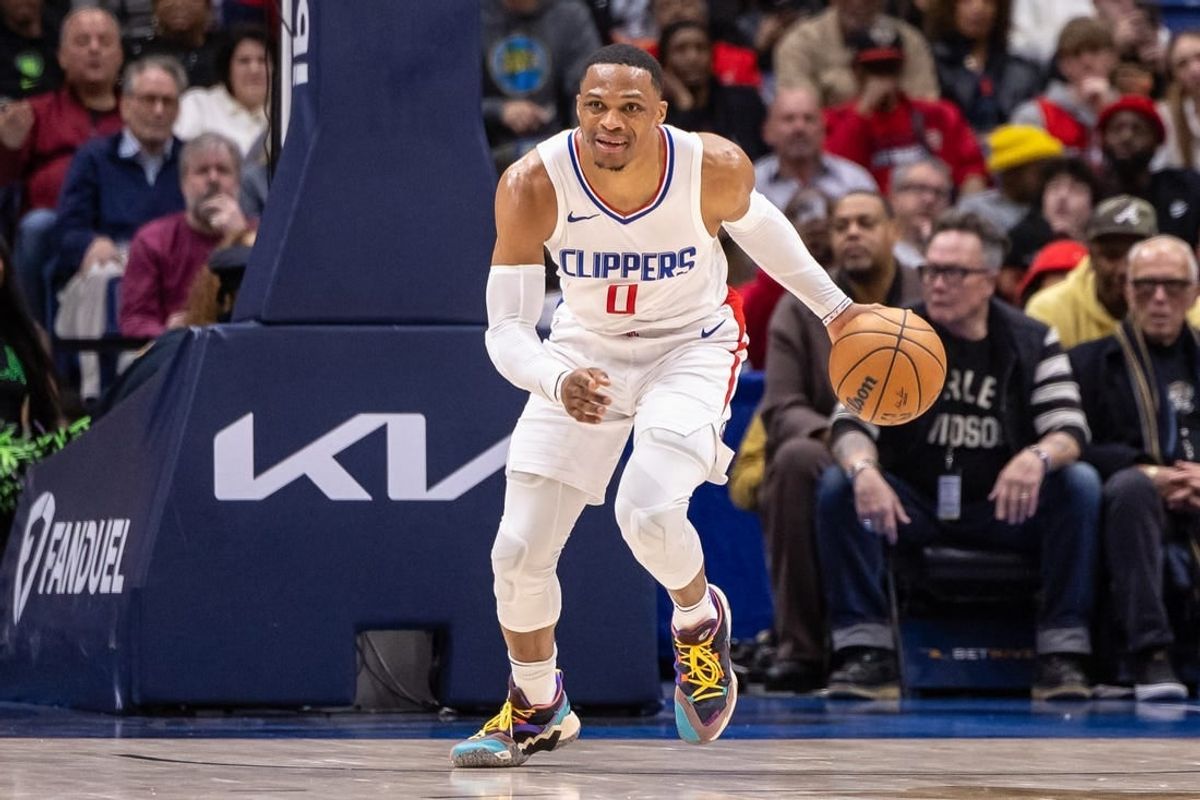 Jan 5, 2024; New Orleans, Louisiana, USA;  LA Clippers guard Russell Westbrook (0) brings the ball up court against the New Orleans Pelicans during the second half at Smoothie King Center.
