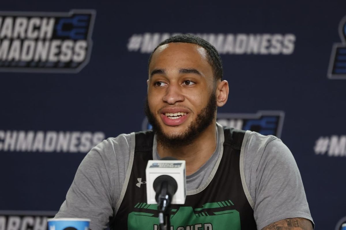 Mar 18, 2024; Dayton, OH, USA; Wagner Seahawks guard Tahron Allen (10) talk to the media during NCAA Tournament First Four Practice at UD Arena.