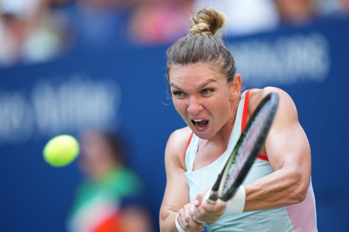 Aug 29, 2022; Flushing, NY, USA; Simona Halep of Romania hits to Daria Snigur of Ukraine on day one of the 2022 U.S. Open tennis tournament at USTA Billie Jean King National Tennis Center.