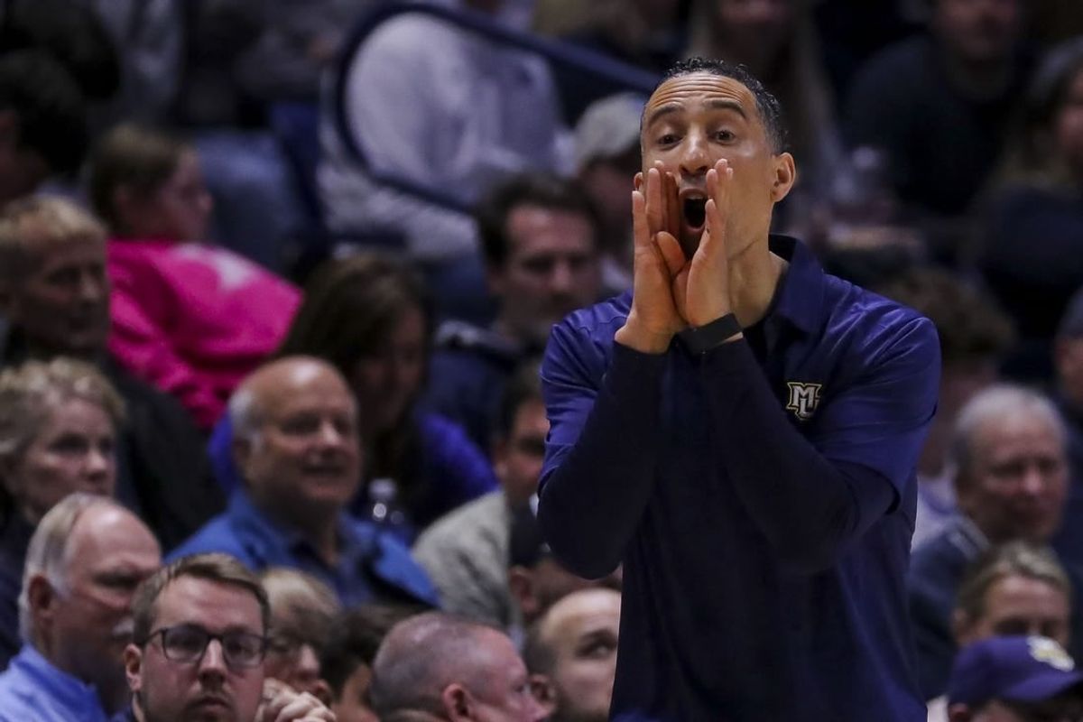 Mar 9, 2024; Cincinnati, Ohio, USA; Marquette Golden Eagles head coach Shaka Smart yells to his team during the second half against the Xavier Musketeers at Cintas Center.