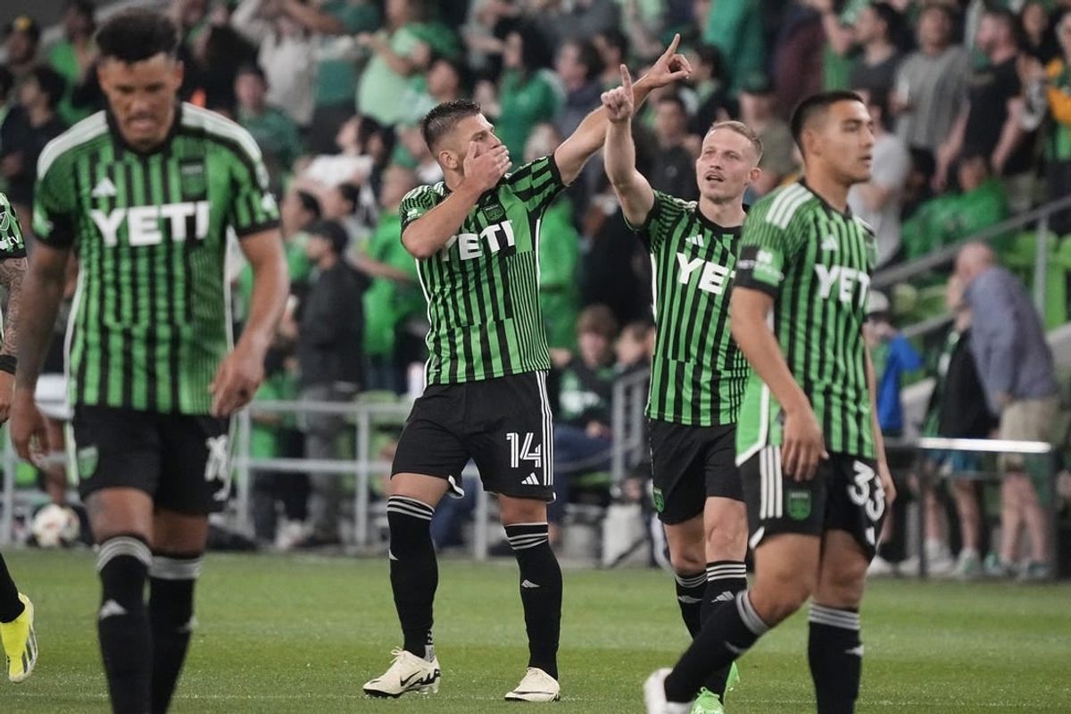 Mar 16, 2024; Austin, Texas, USA; Austin FC forward Diego Rubio (14) celebrates after scoring a goal against the Philadelphia Union in the second half at Q2 Stadium.
