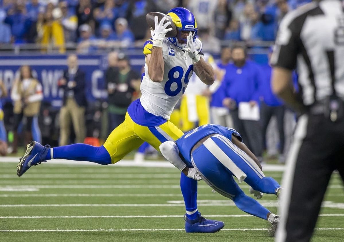 Jan 14, 2024; Detroit, Michigan, USA; Detroit Lions safety Kerby Joseph (31) breaks up a catch attempt by Los Angeles Rams tight end Tyler Higbee (89) during the second half of a 2024 NFC wild card game at Ford Field.