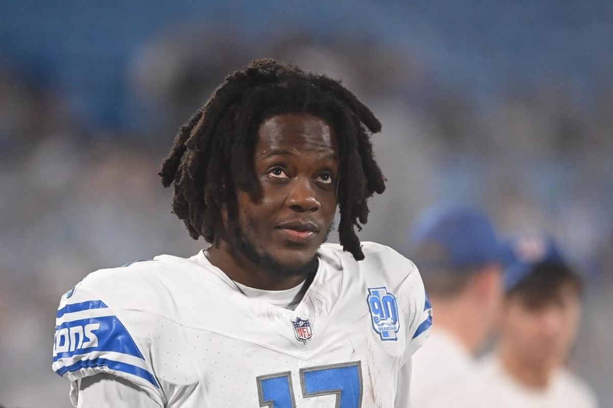 Aug 25, 2023; Charlotte, North Carolina, USA; Detroit Lions quarterback Teddy Bridgewater (17) on the sidelines in the fourth quarter at Bank of America Stadium.