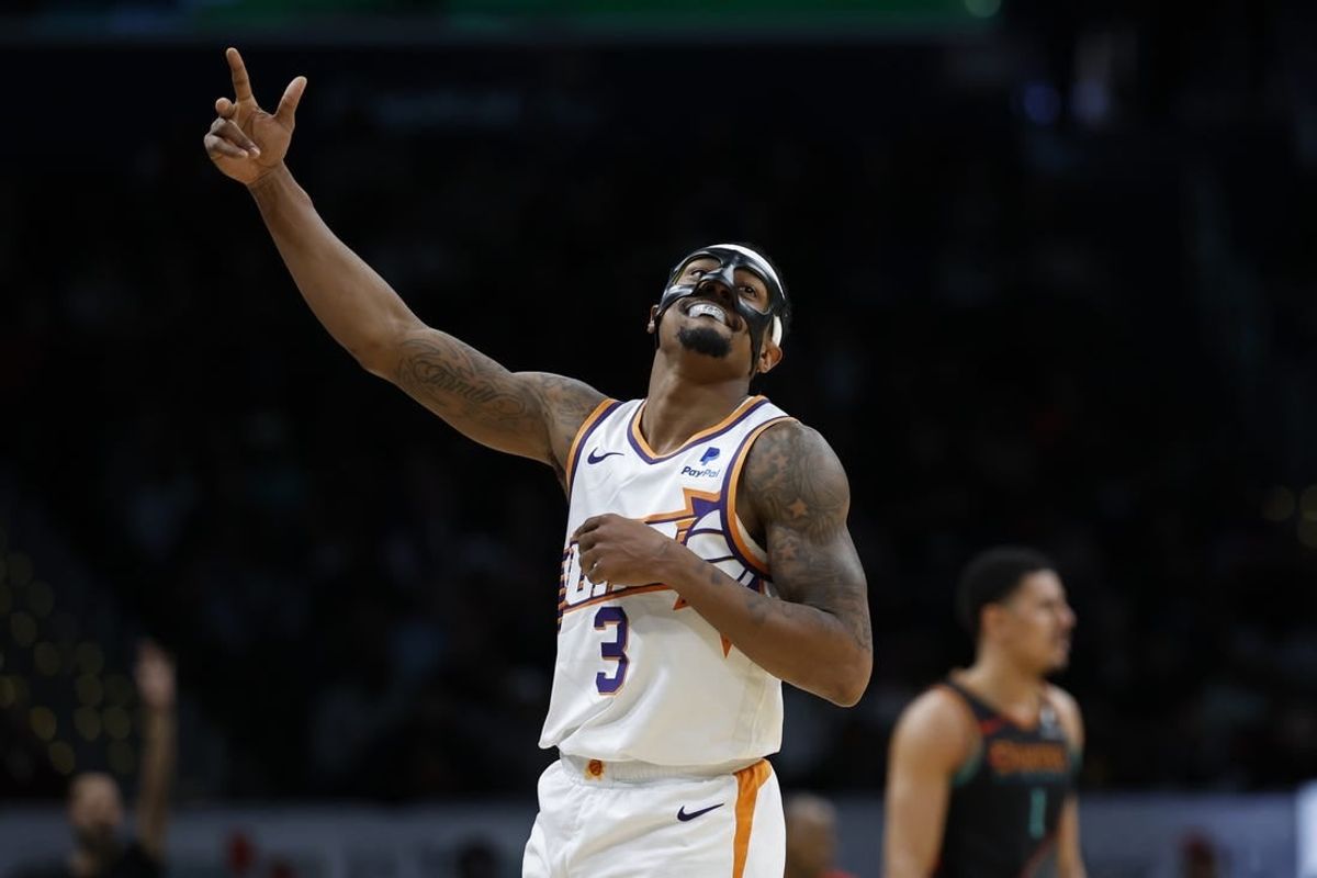 Feb 4, 2024; Washington, District of Columbia, USA; Phoenix Suns guard Bradley Beal (3) celebrates after a three point field goal against the Washington Wizards in the second half at Capital One Arena.