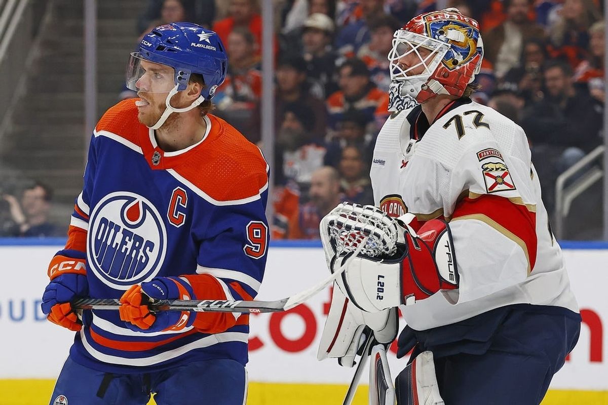 Dec 16, 2023; Edmonton, Alberta, CAN; Edmonton Oilers forward Connor McDavid (97) tries to screen Florida Panthers goaltender Sergei Bobrovsky (72) during the first period at Rogers Place.