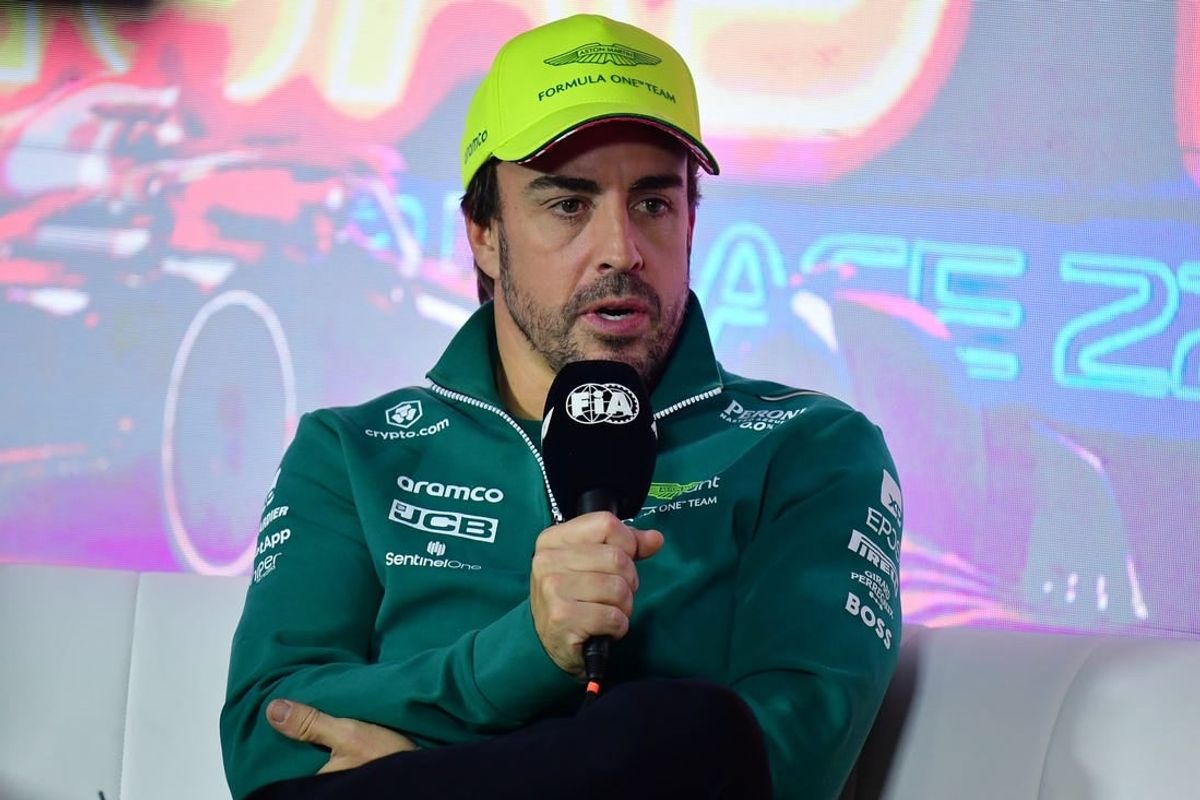 Nov 15, 2023; Las Vegas, Nevada, USA; Aston Martin driver Fernando Alonso of Spain speaks during media availabilities at Las Vegas Strip Circuit.