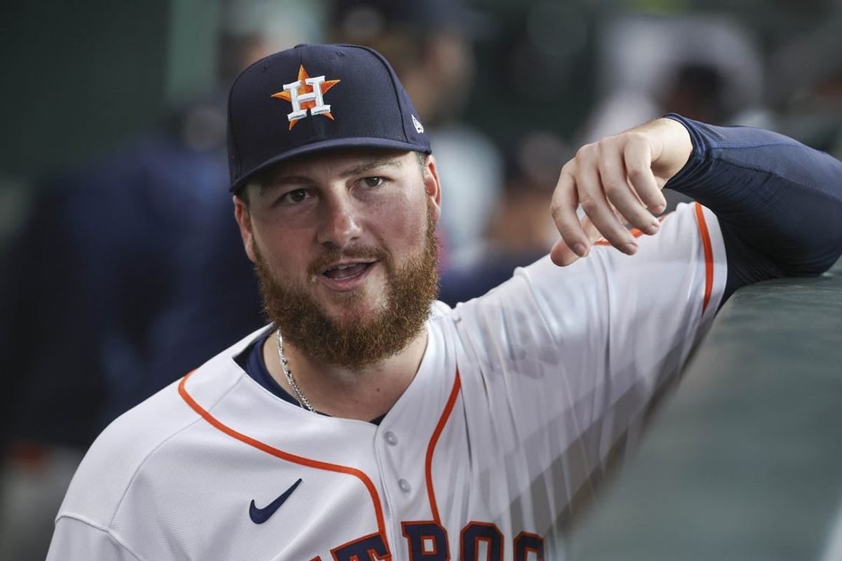 Jun 13, 2023; Houston, Texas, USA; Houston Astros relief pitcher Matt Gage (91) in the dugout before the game against the Washington Nationals at Minute Maid Park.