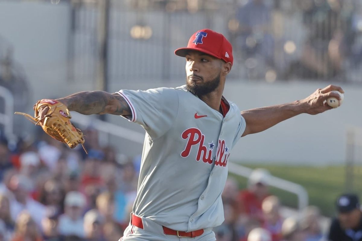 Mar 15, 2024; West Palm Beach, Florida, USA; Philadelphia Phillies starting pitcher Cristopher Sanchez (61) throws a pitch during the first inning against the Houston Astros at The Ballpark of the Palm Beaches.
