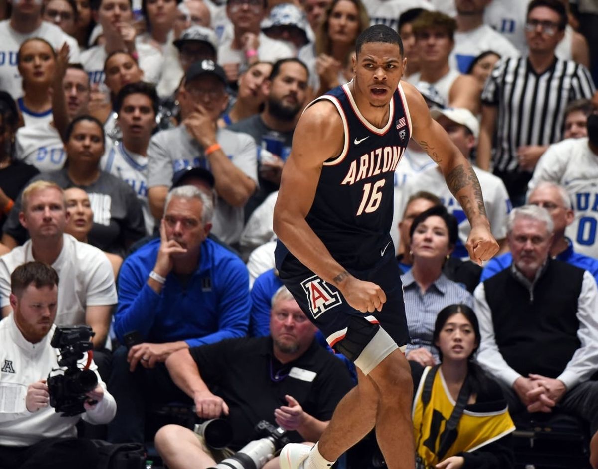 Nov 10, 2023; Durham, North Carolina, USA;  Arizona Wildcats forward Keshad Johnson (16) reacts during the second half against the Duke Blue Devils at Cameron Indoor Stadium.