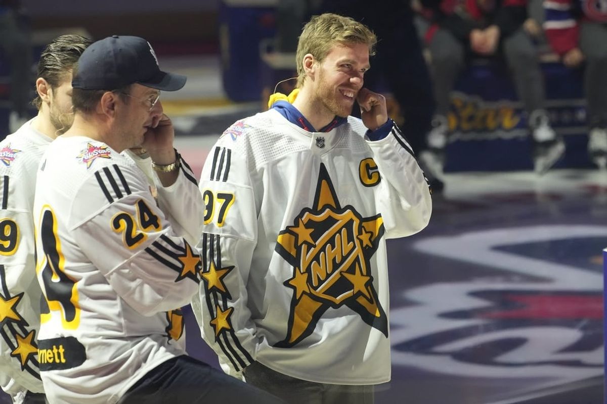 Feb 1, 2024; Toronto, Ontario, CANADA; Actor Will Arnett (left) and Team McDavid captain Connor McDavid (right) during the NHL All-Star Player Draft on NHL All-Star Thursday at Scotiabank Arena.