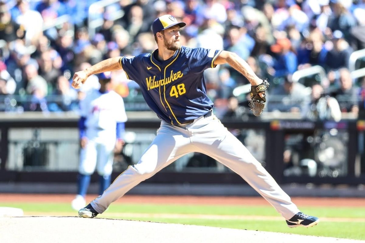 Mar 31, 2024; New York City, New York, USA;  Milwaukee Brewers starting pitcher Colin Rea (48) pitches in the first inning against the New York Mets at Citi Field.