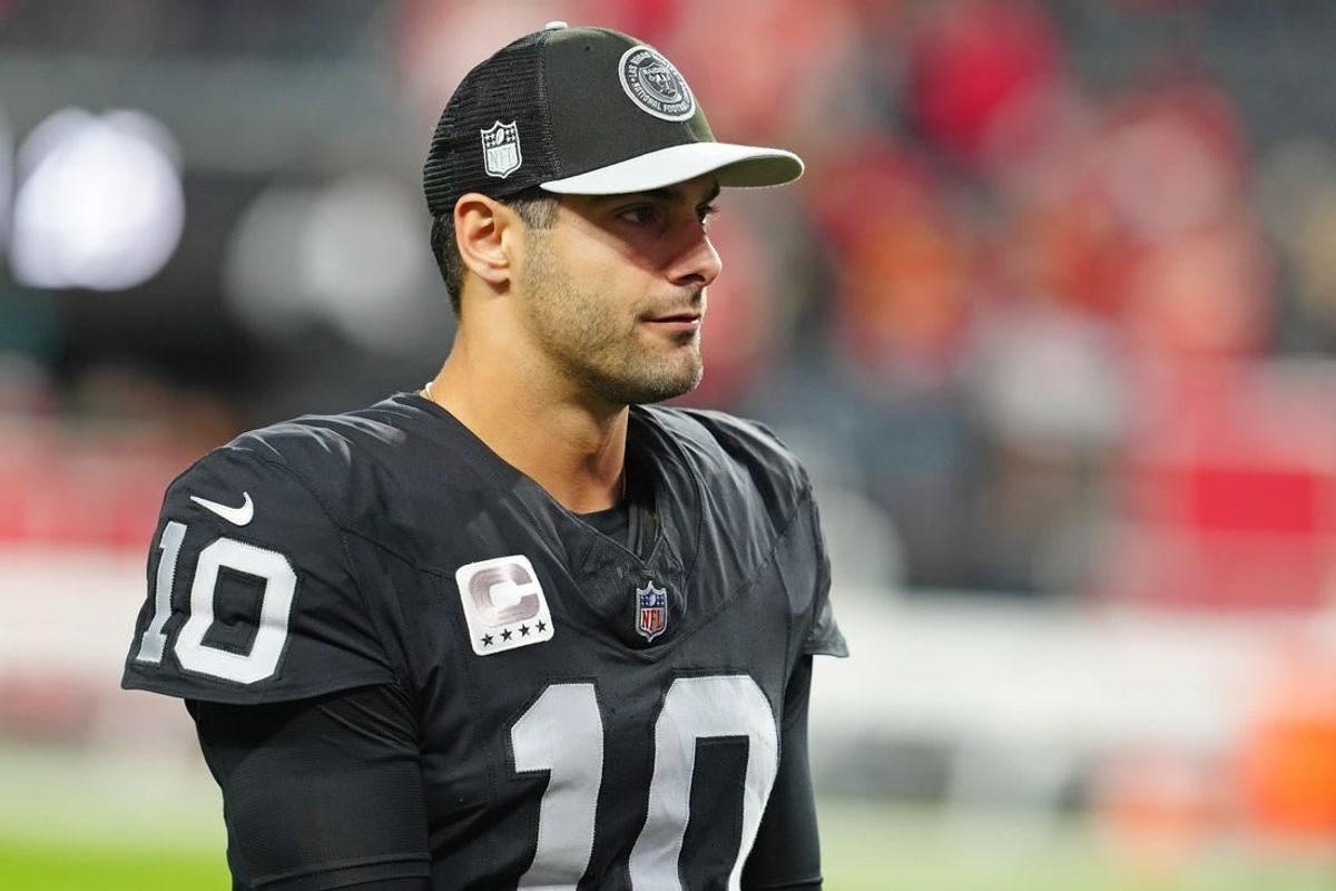 Nov 26, 2023; Paradise, Nevada, USA; Las Vegas Raiders quarterback Jimmy Garoppolo (10) walks off the field after the Chiefs defeated the Raiders 31-17 at Allegiant Stadium.