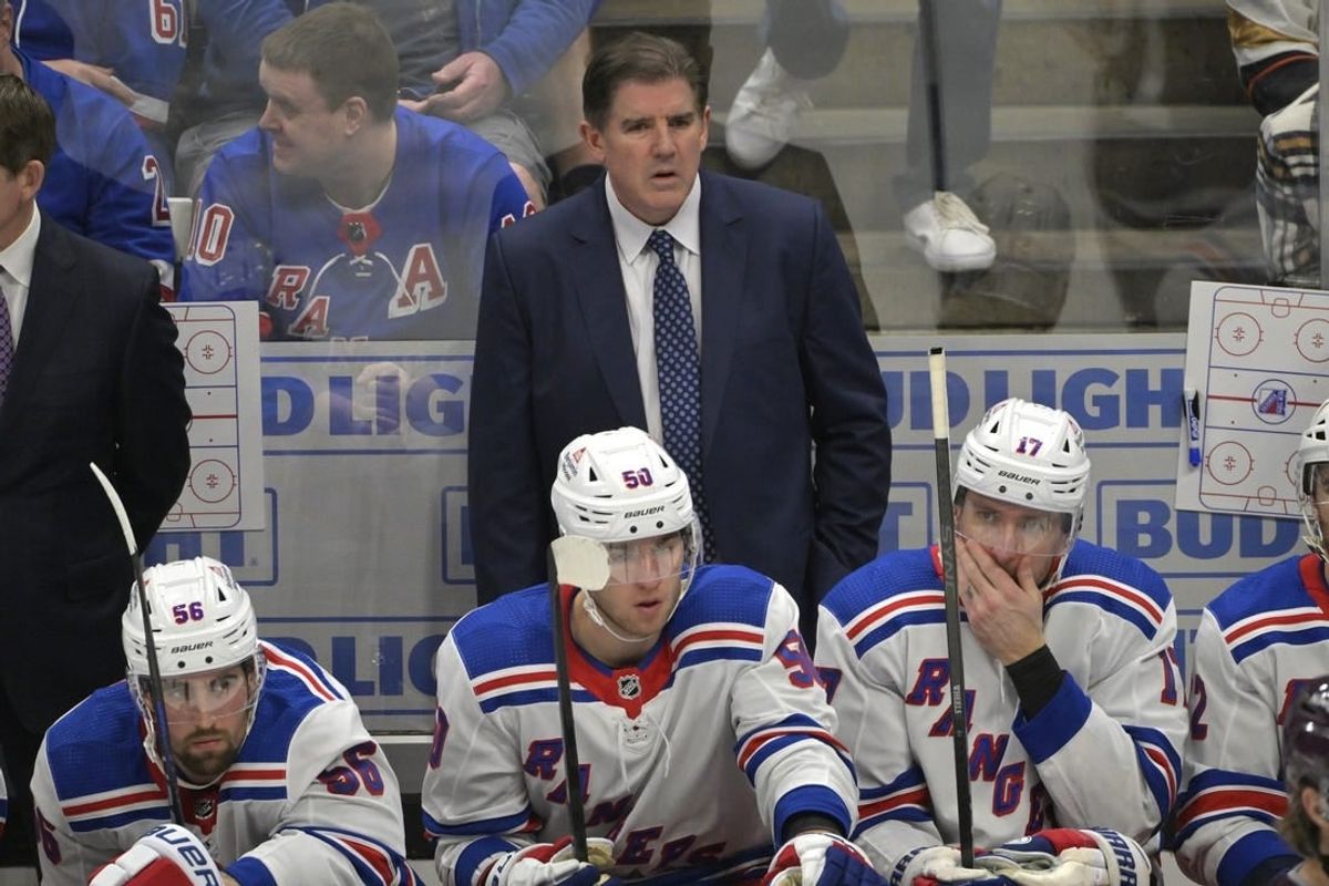 Jan 21, 2024; Anaheim, California, USA; New York Rangers head coach Peter Laviolette looks on from the bench in the second period against the Anaheim Ducks at Honda Center.