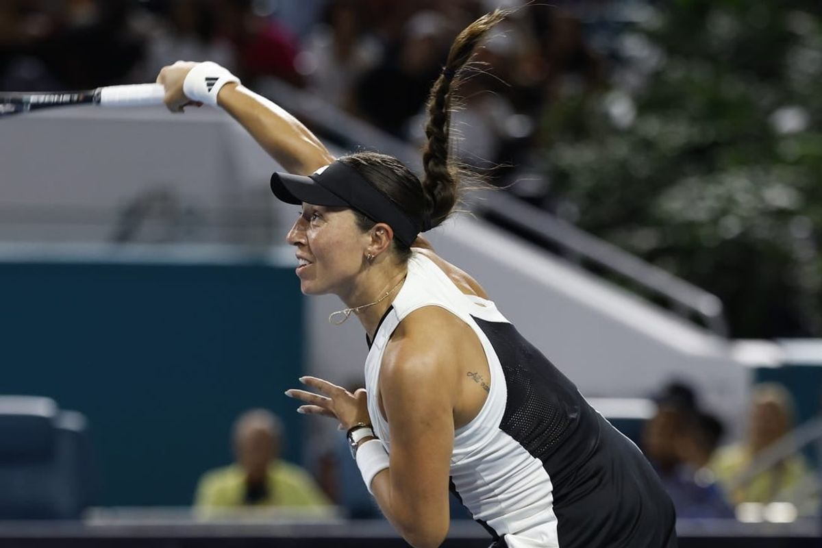 Mar 27, 2024; Miami Gardens, FL, USA; Jessica Pegula (USA) serves against Ekaterina Alexandrova (not pictured) on day ten of the Miami Open at Hard Rock Stadium.