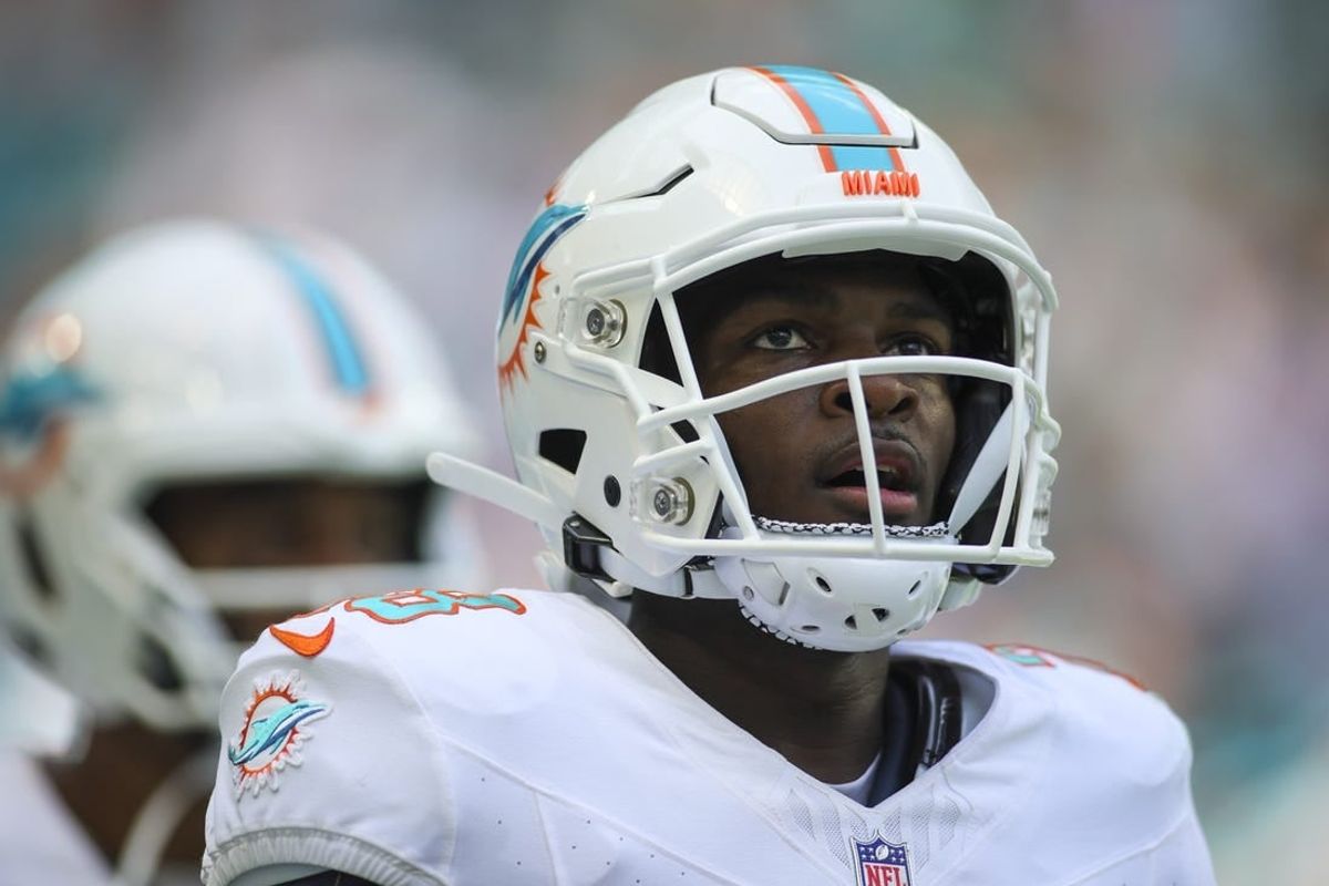 Oct 8, 2023; Miami Gardens, Florida, USA; Miami Dolphins running back De'Von Achane (28) looks on after scoring a touchdown against the New York Giants during the second quarter at Hard Rock Stadium.