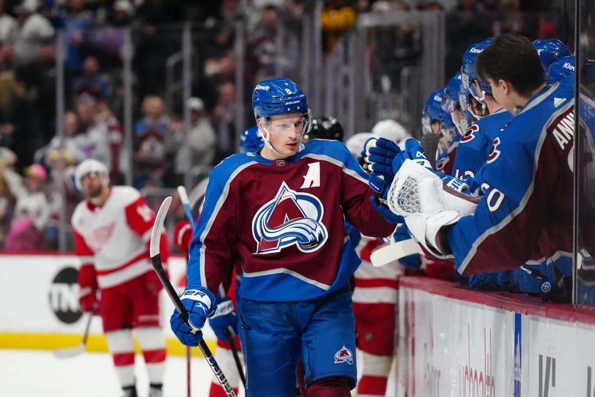Mar 6, 2024; Denver, Colorado, USA; Colorado Avalanche defenseman Cale Makar (8) celebrates his goal in the first period against the Detroit Red Wings at Ball Arena.