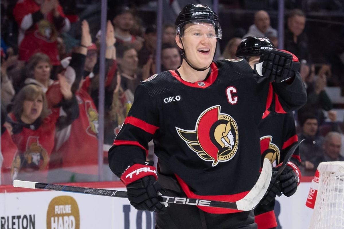 Feb 13, 2024; Ottawa, Ontario, CAN; Ottawa Senators left wing Brady Tkachuk (7) celebrates his goal scored in the first period against the Columbus Blue Jackets at the Canadian Tire Centre.