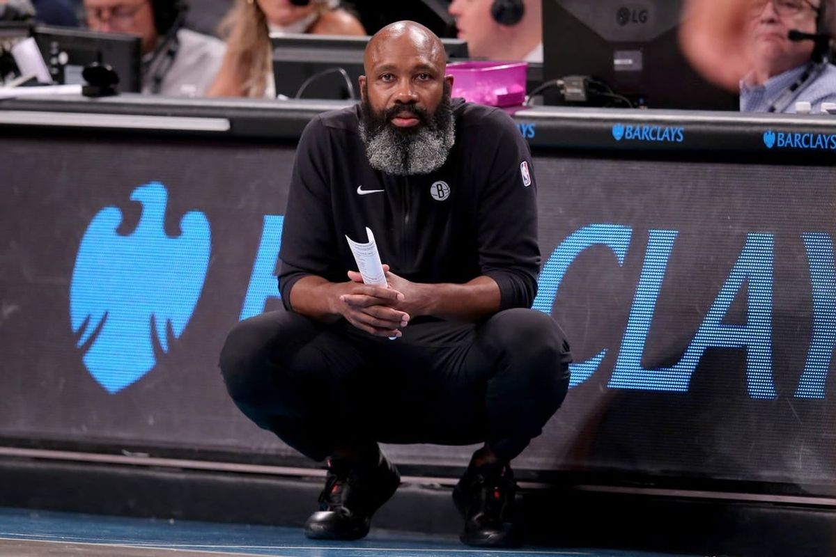 Nov 19, 2023; Brooklyn, New York, USA; Brooklyn Nets head coach Jacque Vaughn coaches against the Philadelphia 76ers during the fourth quarter at Barclays Center.