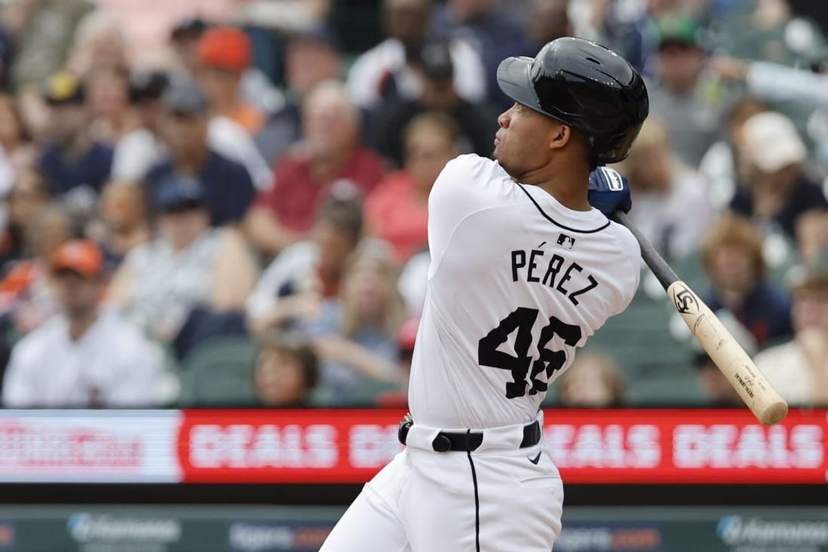 Apr 28, 2024; Detroit, Michigan, USA;  Detroit Tigers right fielder Wenceel Perez (46) hits a two run home run in the first inning against the Kansas City Royals at Comerica Park.