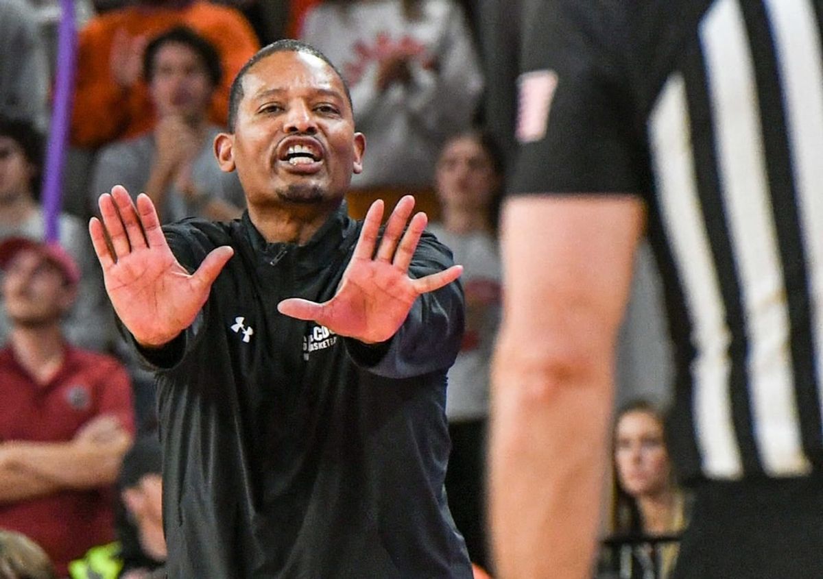 Dec 6, 2023; Clemson, South Carolina, USA; University of South Carolina Head Coach Lamont Paris talks to a referee in the game with Clemson during the second half at Littlejohn Coliseum.