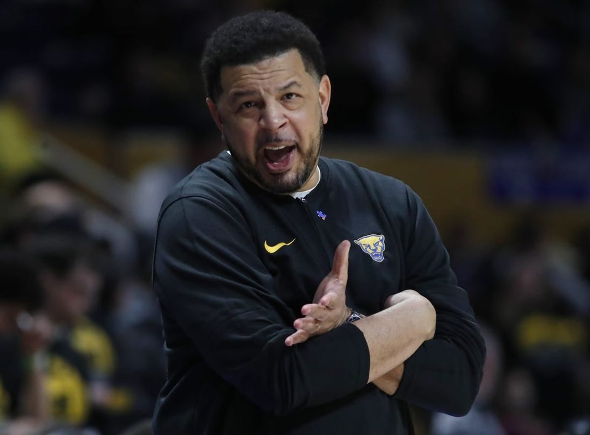 Feb 24, 2024; Pittsburgh, Pennsylvania, USA;  Pittsburgh Panthers head coach Jeff Capel reacts on the sidelines against the Virginia Tech Hokies during the first half at the Petersen Events Center.