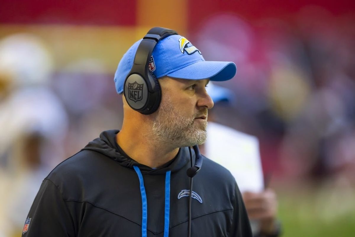 Nov 27, 2022; Glendale, AZ, USA; Los Angeles Chargers run game coordinator Jay Rodgers against the Arizona Cardinals at State Farm Stadium.