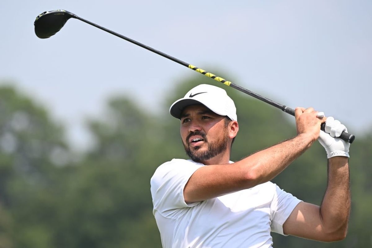 Aug 24, 2023; Atlanta, Georgia, USA; Jason Day tees off on the 16th hole during the first round of the TOUR Championship golf tournament at East Lake Golf Club.