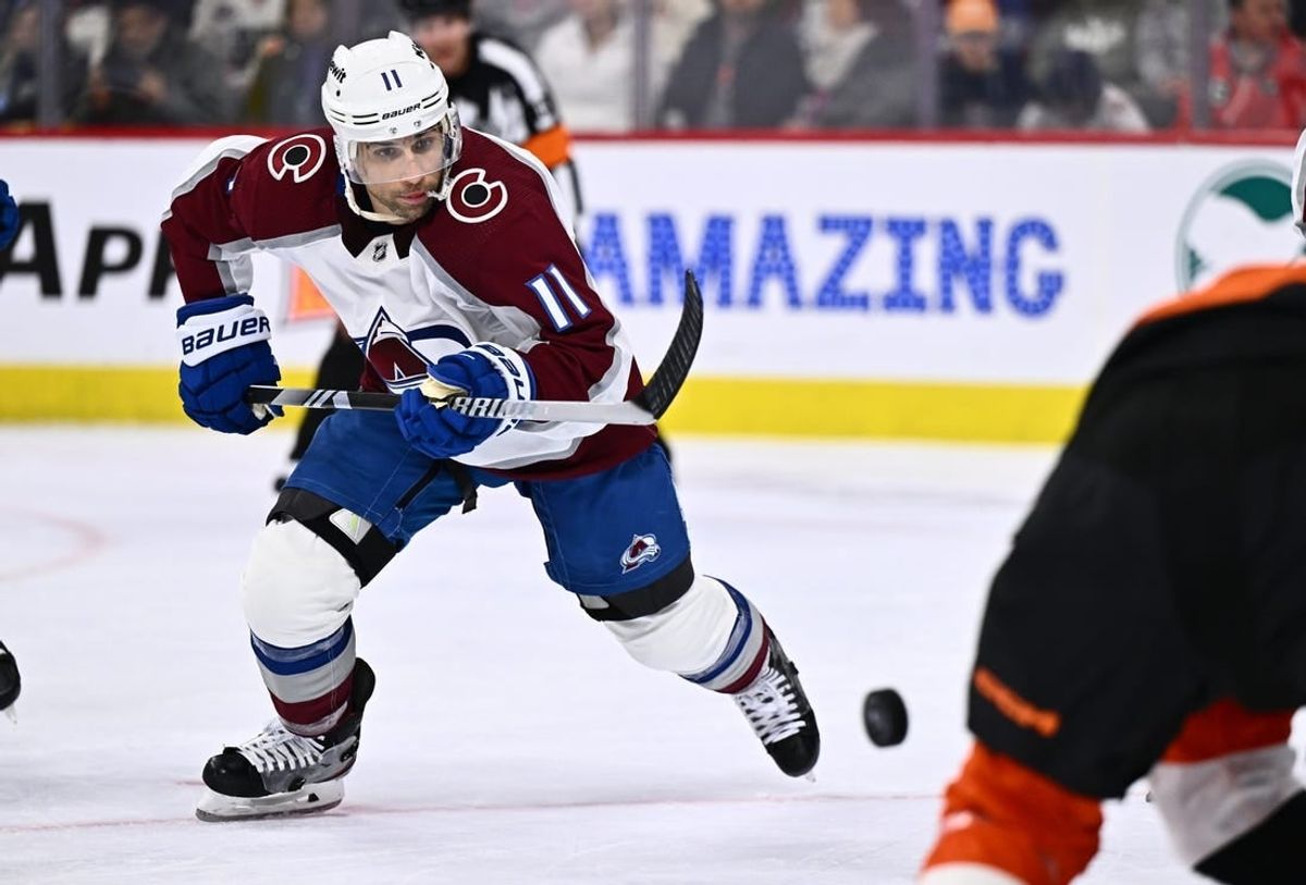 Jan 20, 2024; Philadelphia, Pennsylvania, USA; Colorado Avalanche center Andrew Cogliano (11) follows the puck against the Philadelphia Flyers in the second period at Wells Fargo Center.