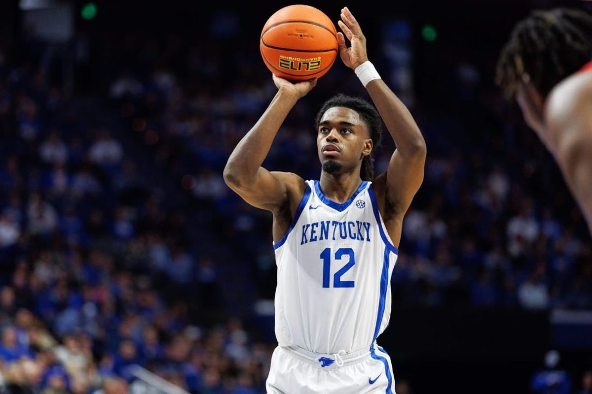 Dec 29, 2023; Lexington, Kentucky, USA; Kentucky Wildcats guard Antonio Reeves (12) shoots a free throw during the second half against the Illinois State Redbirds at Rupp Arena at Central Bank Center.