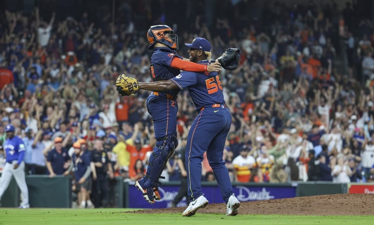 Apr 1, 2024; Houston, Texas, USA; Houston Astros starting pitcher Ronel Blanco (56) celebrates with catcher Yainer Diaz (21) after throwing a no-hitter against the Toronto Blue Jays at Minute Maid Park.