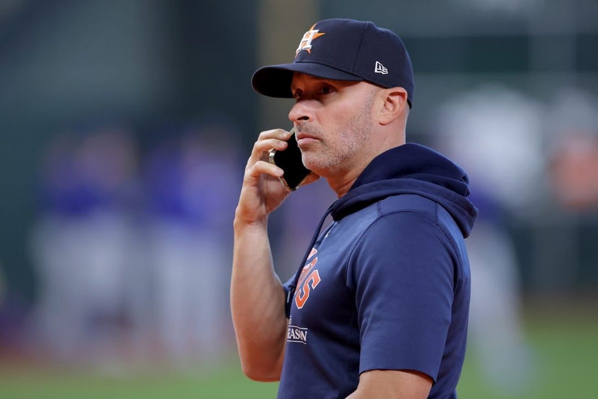 Oct 16, 2023; Houston, Texas, USA; Houston Astros bench coach Joe Espada (19) looks on before game two against the Texas Rangers in the ALCS for the 2023 MLB playoffs at Minute Maid Park.
