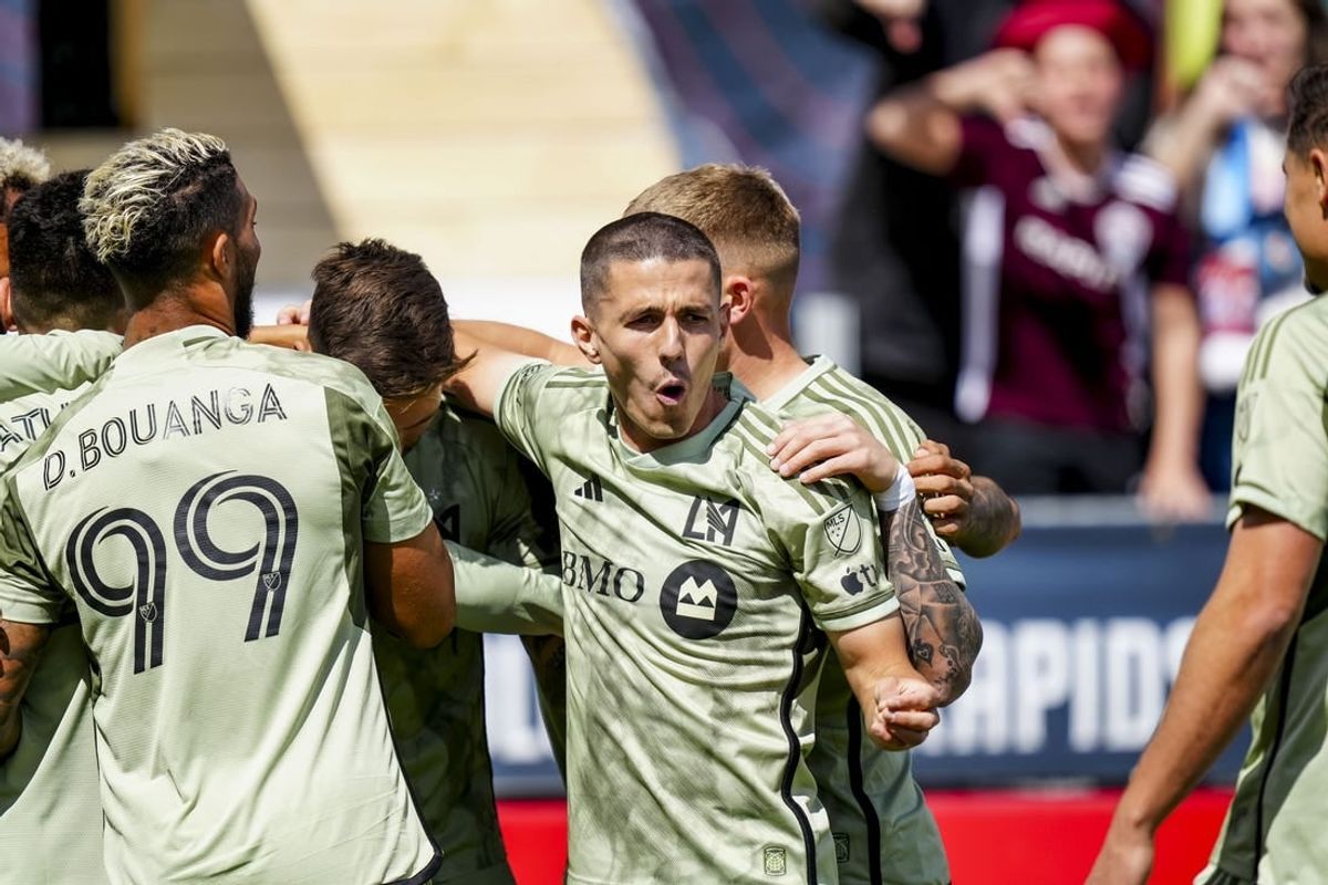 Mar 30, 2024; Commerce City, Colorado, USA; LAFC midfielder Eduard Atuesta (20) celebrates scoring a goal during the first half at Dick's Sporting Goods Park.