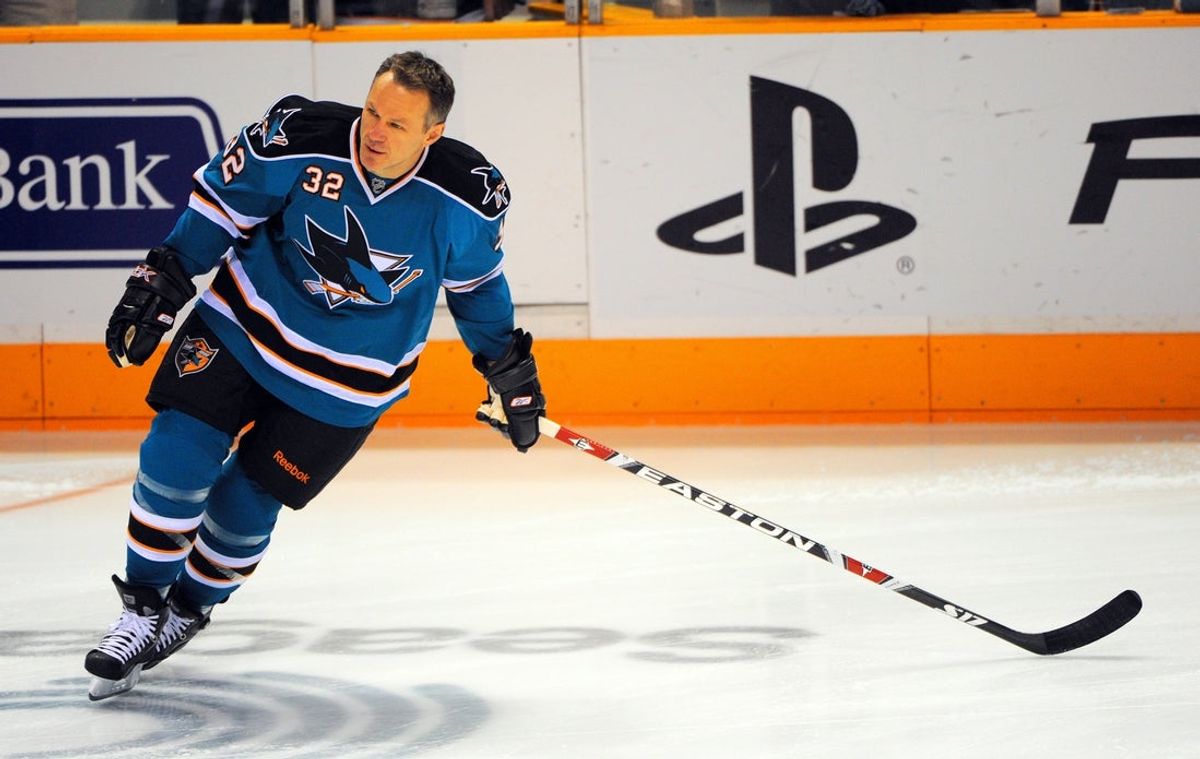Jan. 20, 2009; San Jose, CA, USA; San Jose Sharks right wing Claude Lemieux (32) warms up before the game against the Vancouver Canucks at HP Pavilion. Mandatory Credit: Kyle Terada-Imagn Images