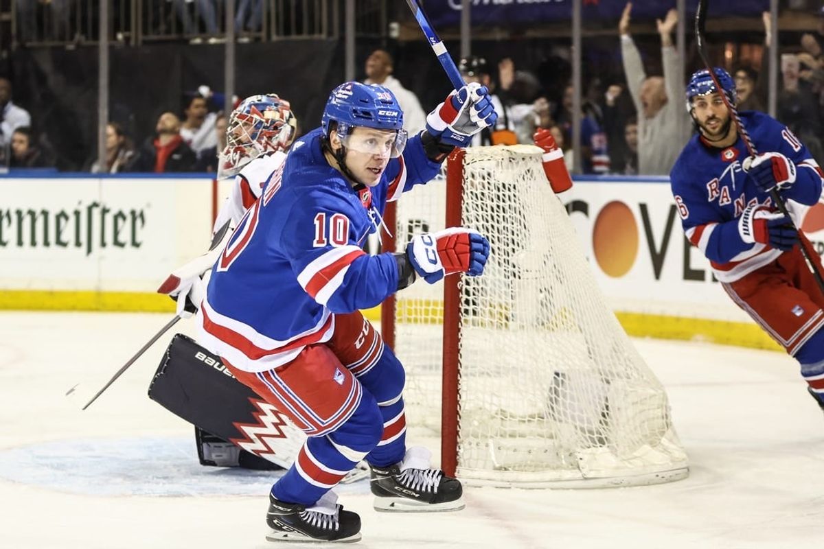 Apr 21, 2024; New York, New York, USA; New York Rangers left wing Artemi Panarin (10) celebrates after scoring a goal in the second period against the Washington Capitals in game one of the first round of the 2024 Stanley Cup Playoffs at Madison Square Garden.