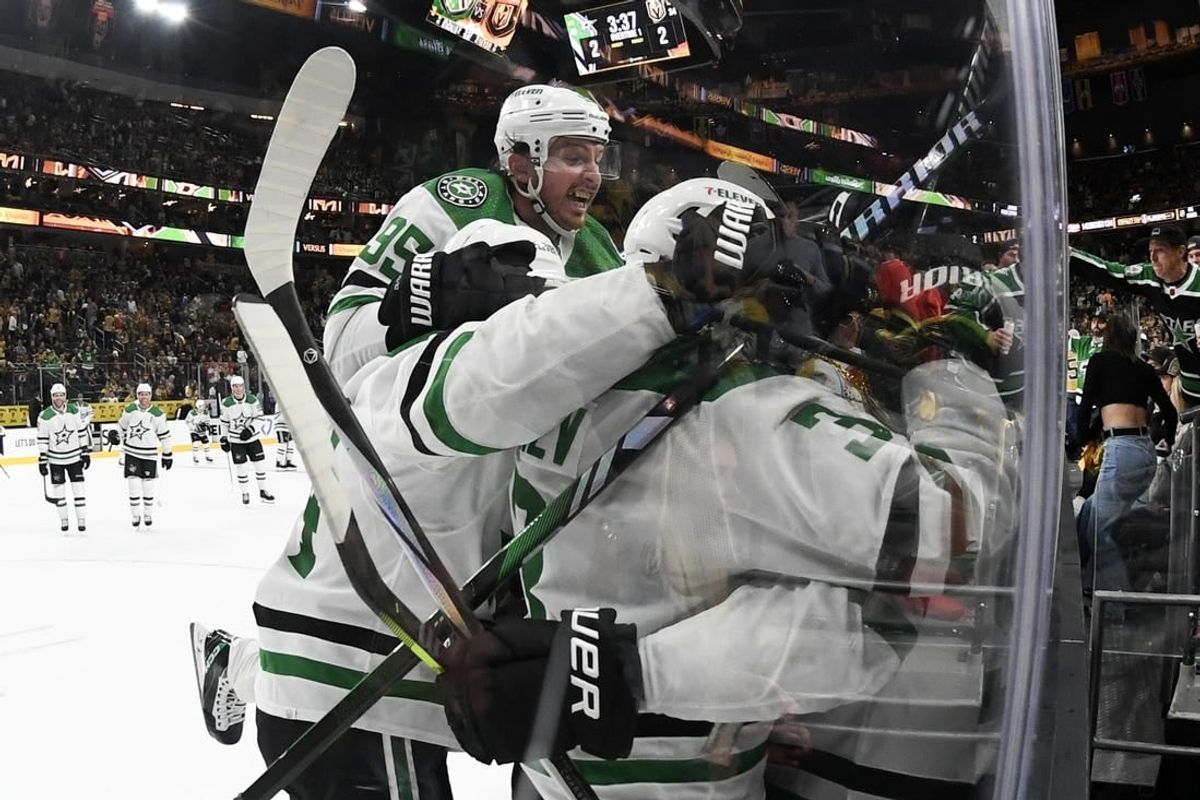 Apr 27, 2024; Las Vegas, Nevada, USA; Dallas Stars center Matt Duchene (95) celebrates Dallas Stars center Wyatt Johnston (53) (not pictured) overtime goal against the Vegas Golden Knights in game three of the first round of the 2024 Stanley Cup Playoffs at T-Mobile Arena.