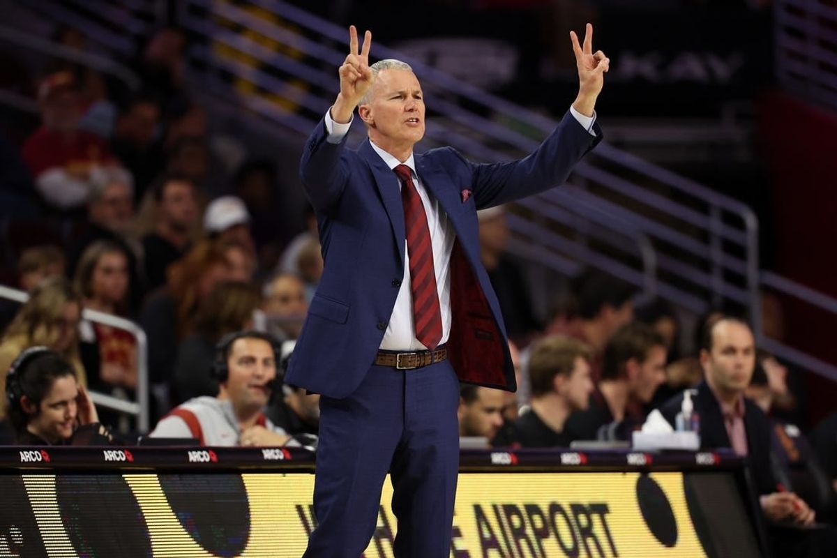Feb 1, 2024; Los Angeles, California, USA; USC Trojans head coach Andy Enfield calls a play during the first half against the Oregon Ducks at Galen Center.
