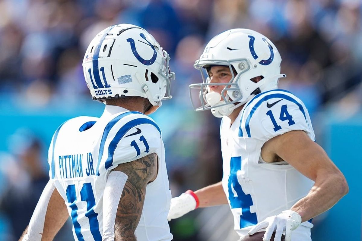 Indianapolis Colts wide receiver Michael Pittman Jr. (11) and wide receiver Alec Pierce (14) celebrate a touchdown by Pierce on Sunday, Dec. 3, 2023, during a game against the Tennessee Titans at Nissan Stadium in Nashville, Tenn.