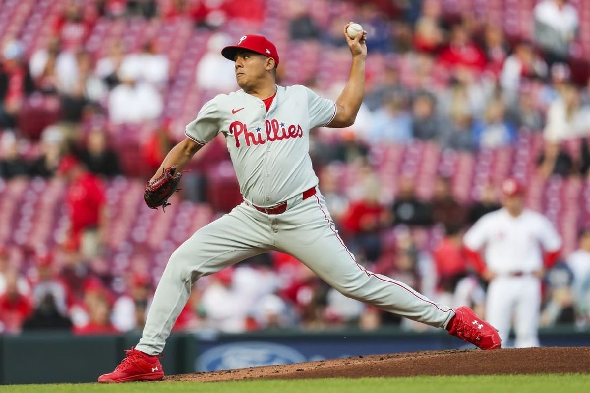 Apr 22, 2024; Cincinnati, Ohio, USA; Philadelphia Phillies starting pitcher Ranger Suarez (55) pitches against the Cincinnati Reds in the first inning at Great American Ball Park.