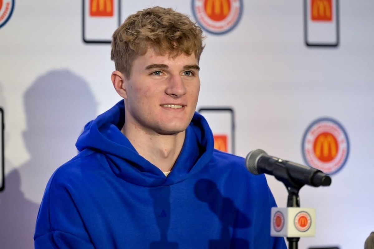 Apr 1, 2024; Houston, TX, USA; McDonald's All American East forward Liam McNeeley speaks during a press conference at JW Marriott Houston by The Galleria.