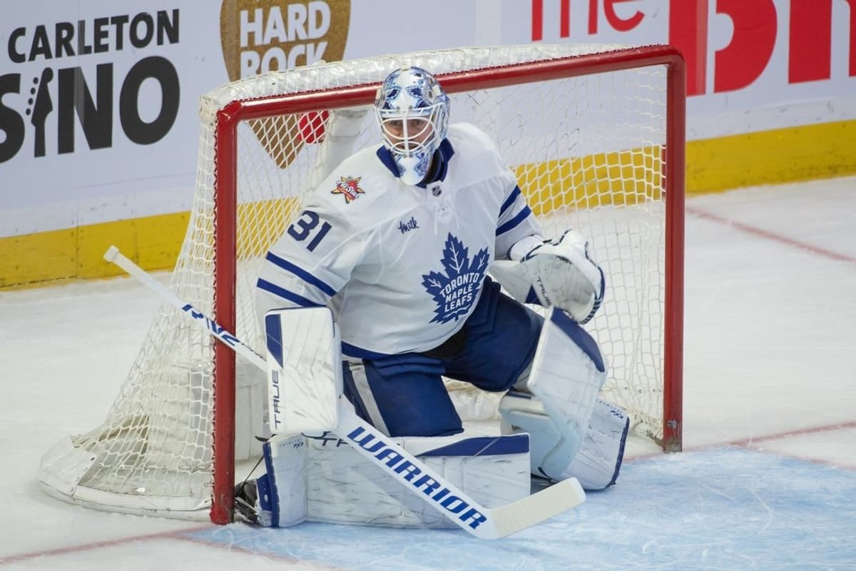 Dec 7, 2023; Ottawa, Ontario, CAN; Toronto Maple Leafs goalie Martin Jones (31) is called into action following an injury with Joseph Woll (60) in the third period against the Ottawa Senators at the Canadian Tire Centre.