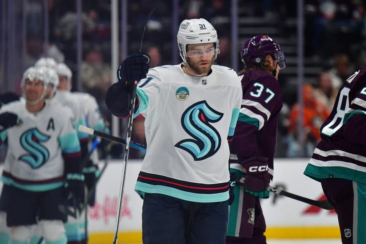 Apr 5, 2024; Anaheim, California, USA; Seattle Kraken center Shane Wright (51) celebrates his goal scored against the Anaheim Ducks during the second period at Honda Center.